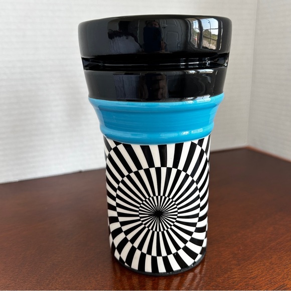 Set of 2 Ceramic Travel Mugs Black and White OP Art Floral - Picture 13 of 16